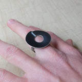 nishnabotna jewelry, sterling silver large disk ring with overlap and black patina