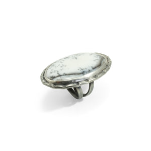 nishnabotna corona ring with dendritic agate set in sterling silver