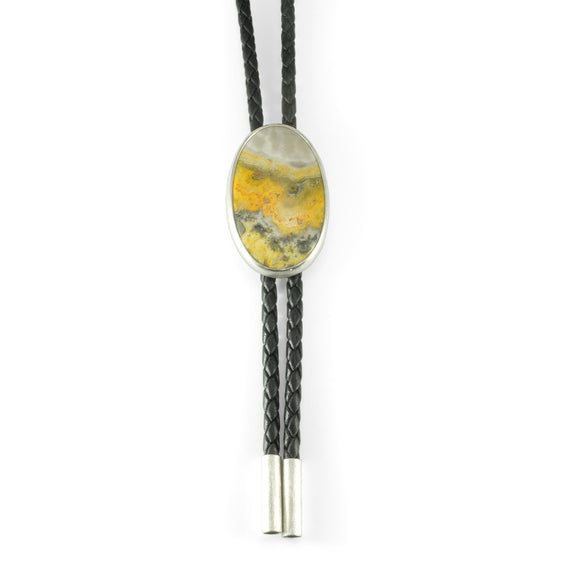 nishnabotna silver bolo tie with bumblebee jasper on black leather cord