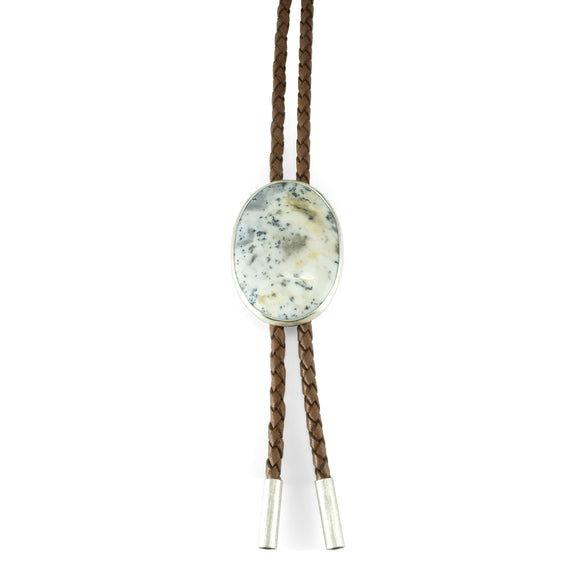 nishnabotna silver bolo tie with black and white dendritic agate on brown leather cord