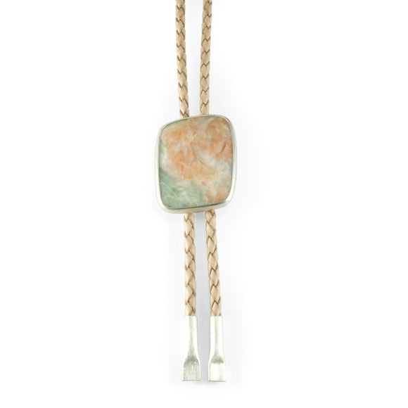 nishnabotna silver bolo tie with pink and green stibilite on leather 